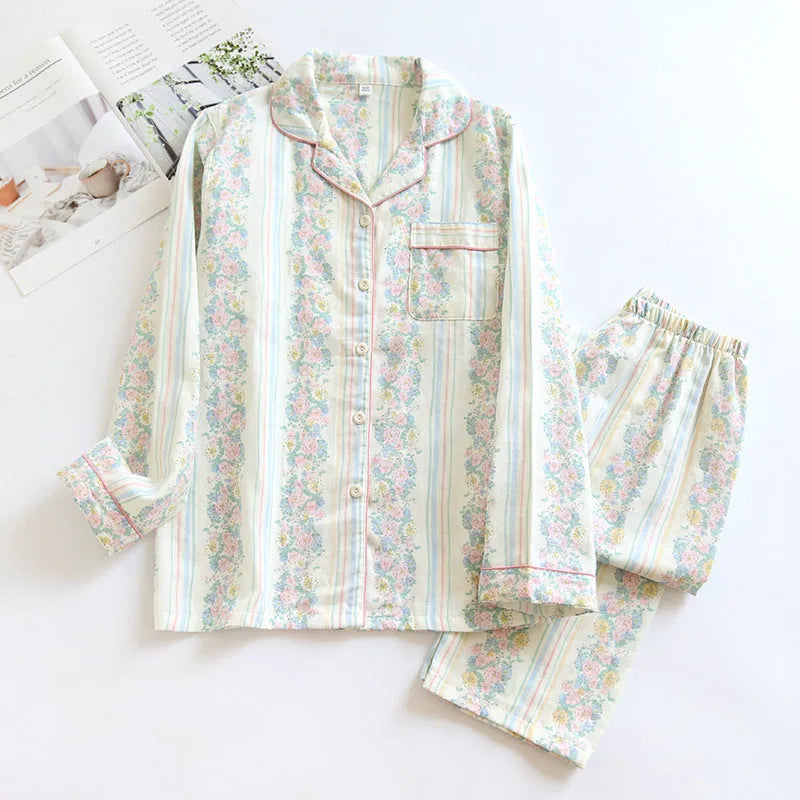 Japanese women's cotton gauze homewear set with long sleeves and trousers in striped or red fruit print