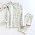 Japanese women's cotton gauze homewear set with long sleeves and trousers in striped or red fruit print