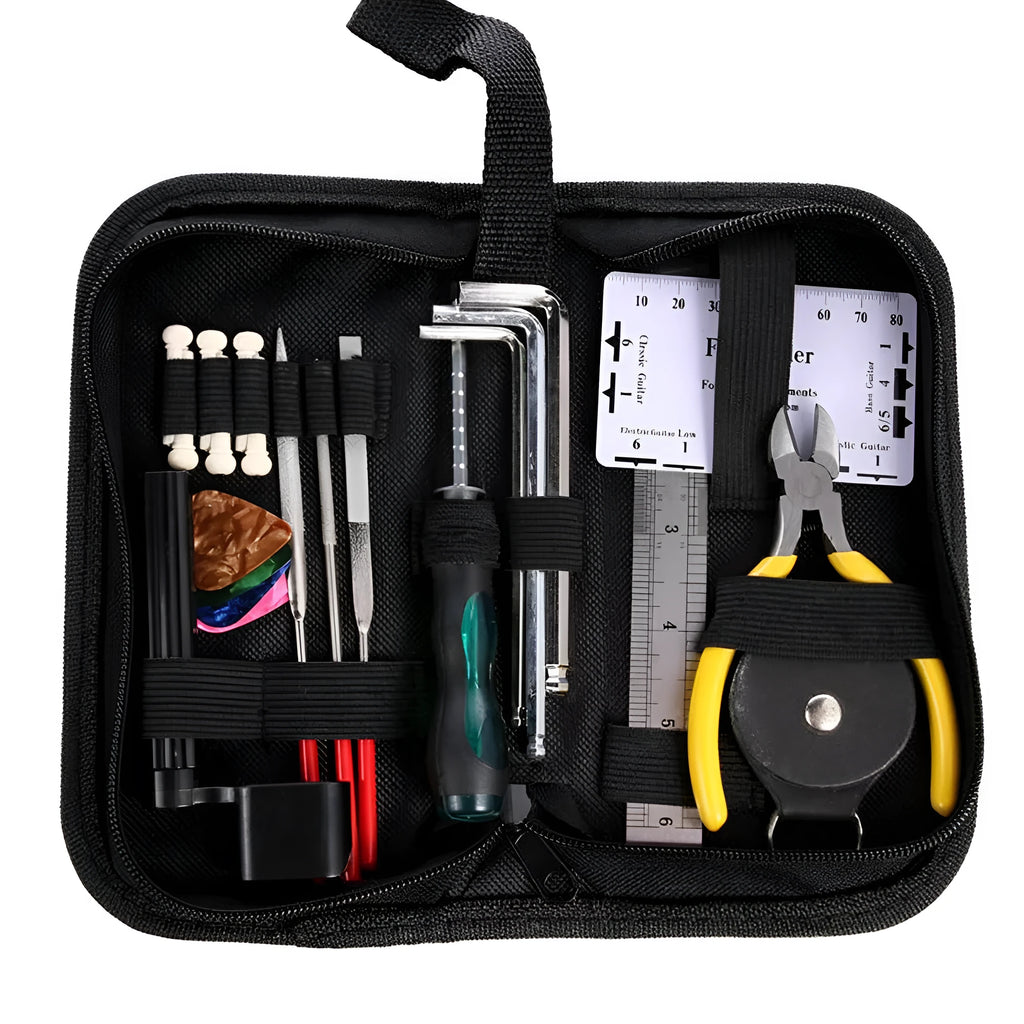 Black plastic and metal guitar repair tool kit for guitar, bass, mandolin, banjo.