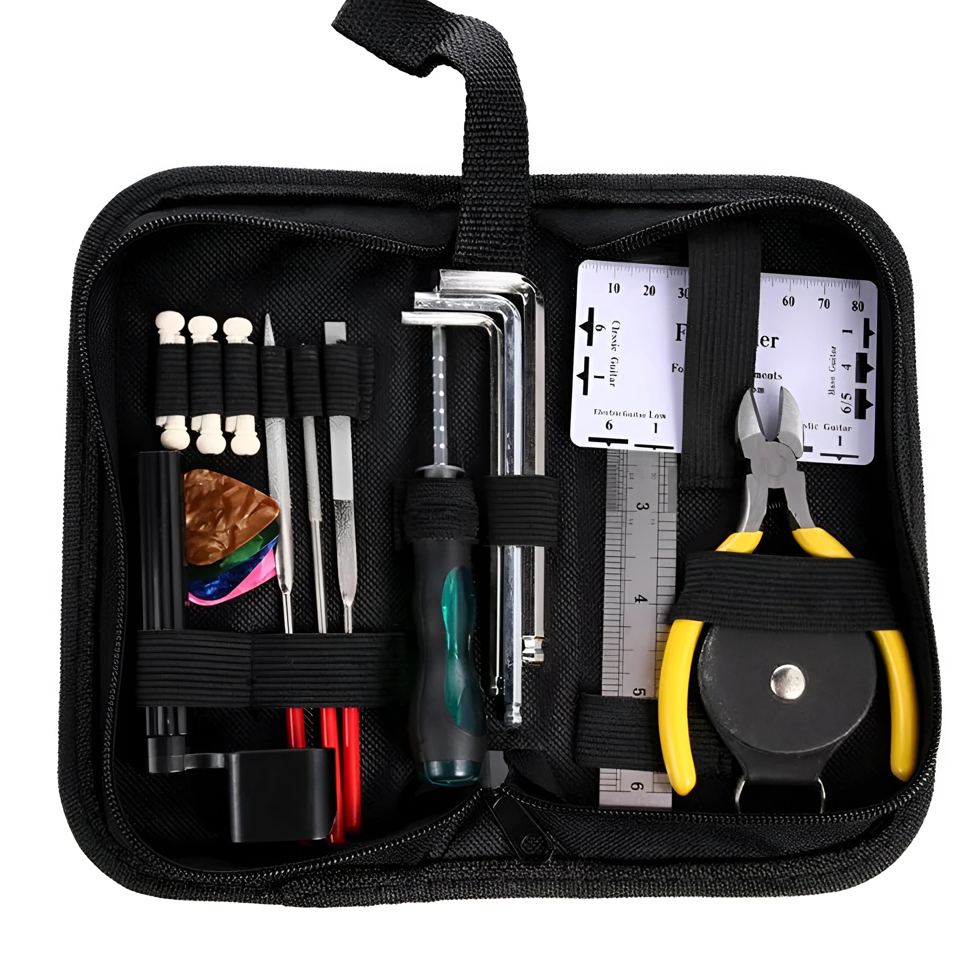 Black plastic and metal guitar repair tool kit for guitar, bass, mandolin, banjo.