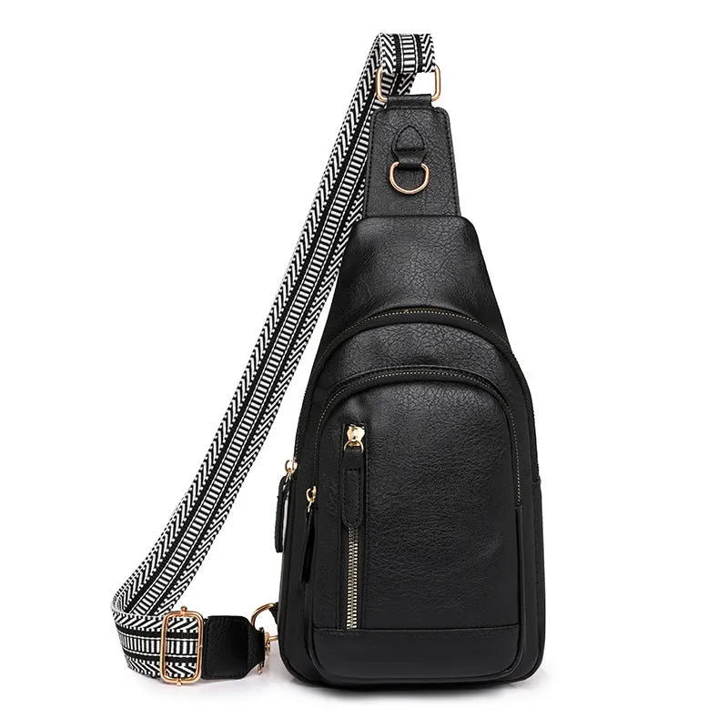 Women's small brown PU leather chest bag with open front pocket worn across chest