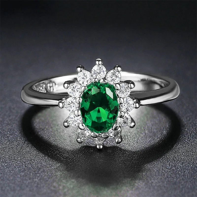 Women's blue moissanite ring with floral electroplated copper band and inlaid zirconium setting.
