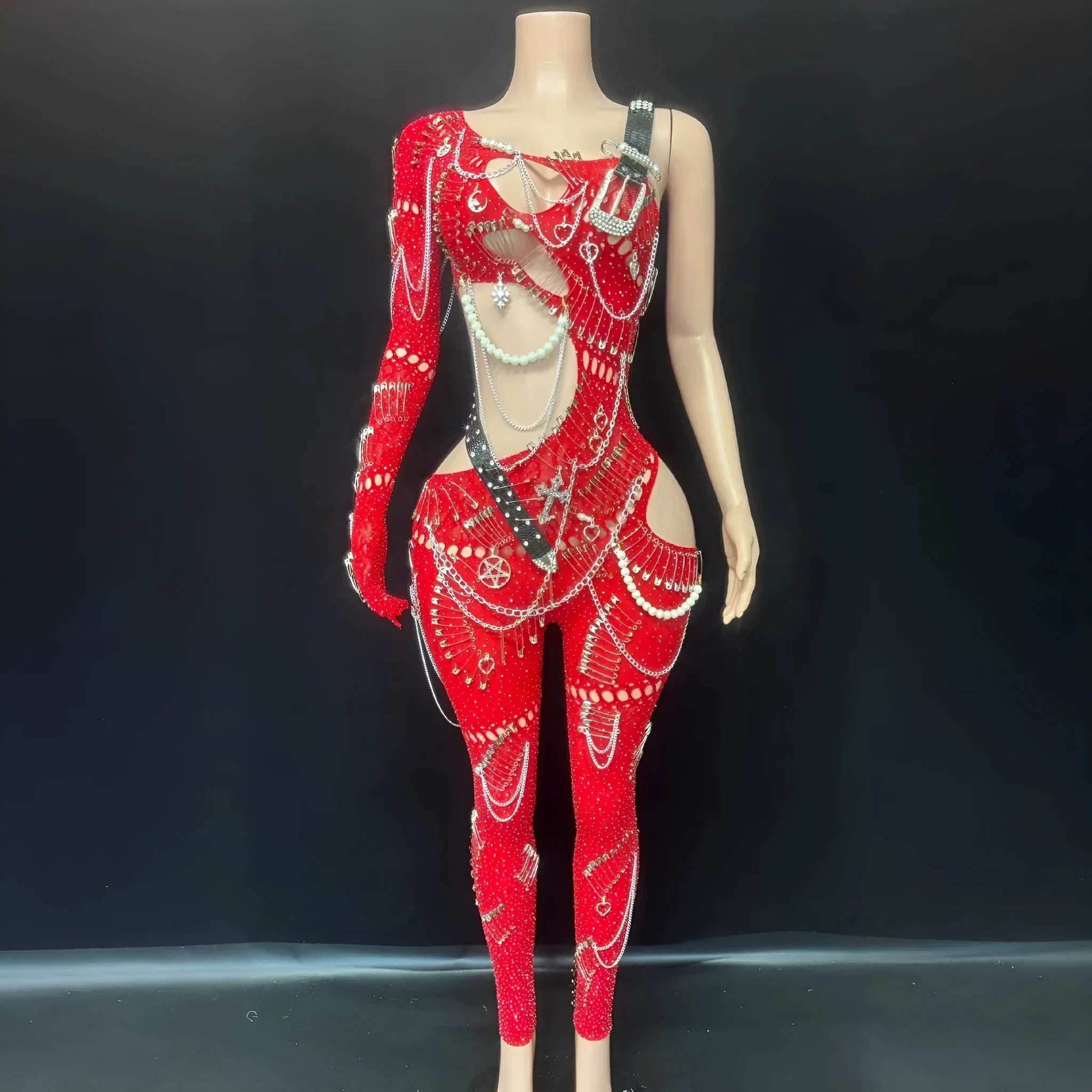 Women's cutout pearl chain sequin jumpsuit in spandex, long sleeve cropped pants, red colour