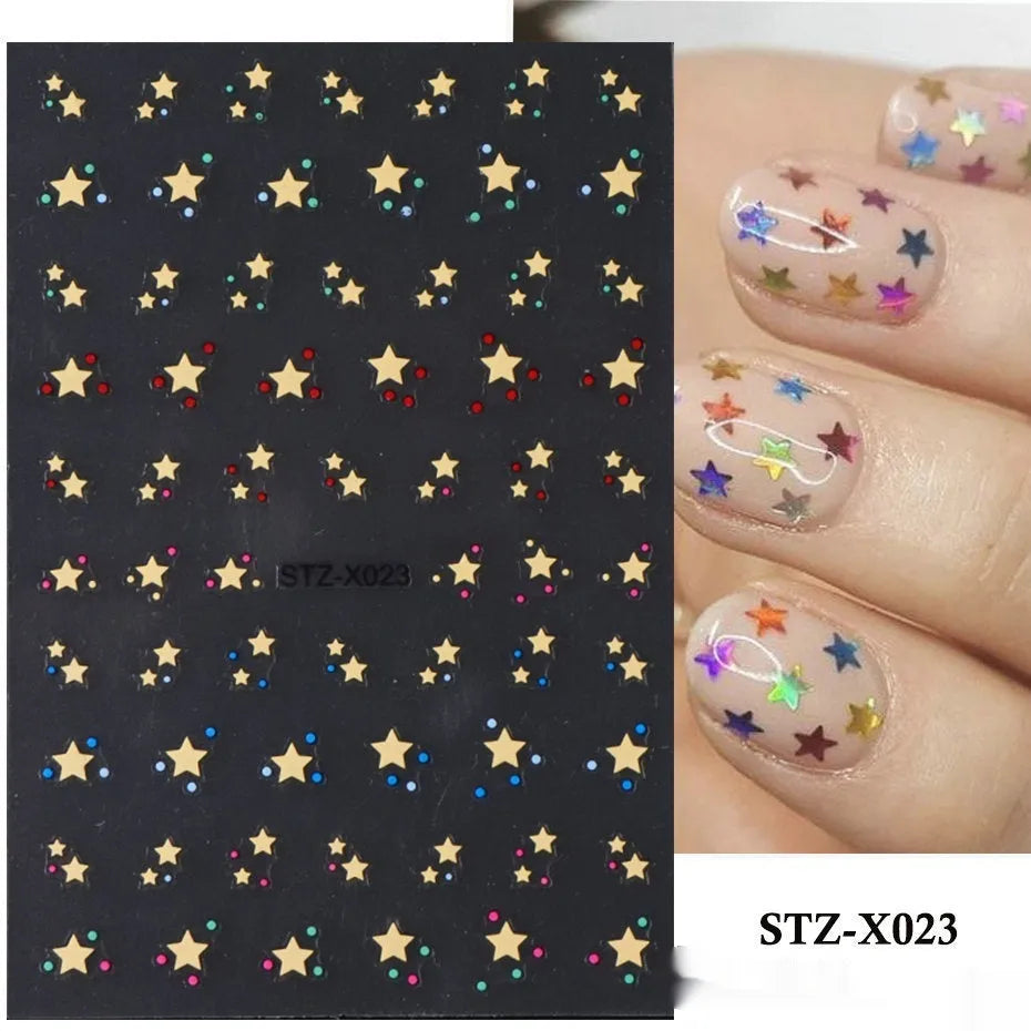 Plastic sheet of black, silver, and cartoon design nail art stickers for DIY manicures.