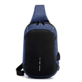 Small dark blue oxford cloth waterproof chest bag with a single strap and zipper.