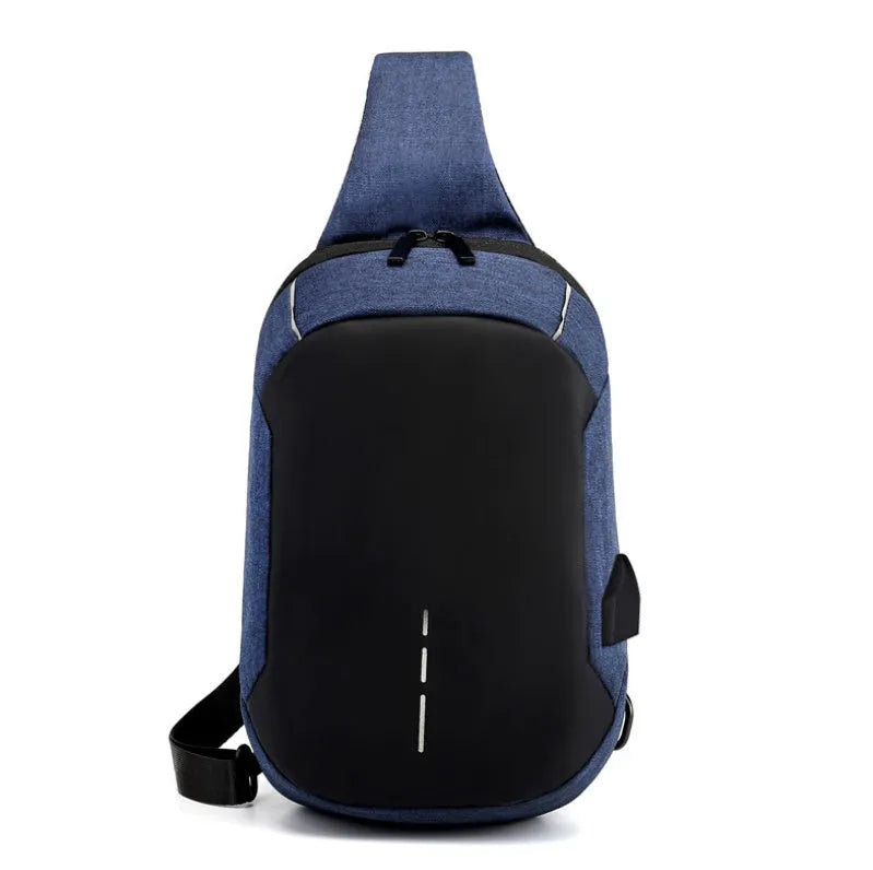 Small dark blue oxford cloth waterproof chest bag with a single strap and zipper.