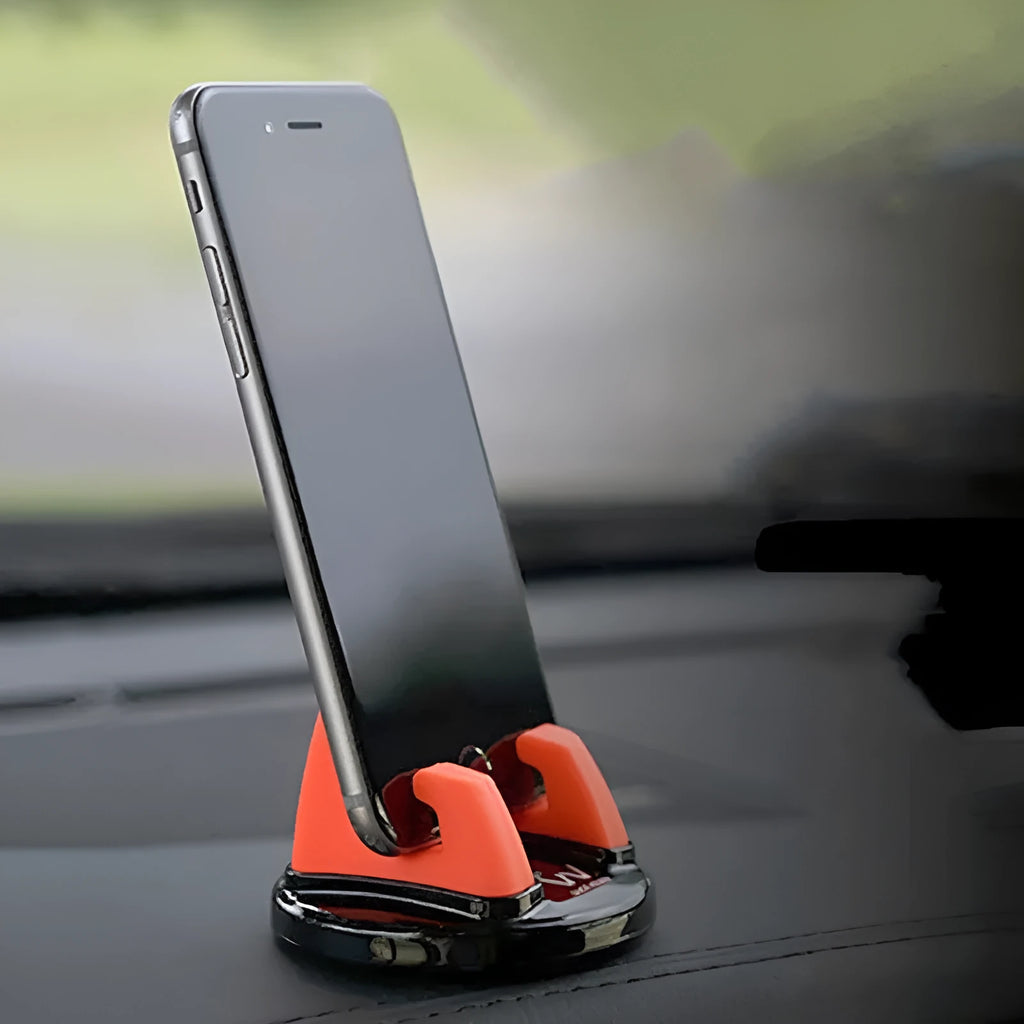Mini dashboard car cell phone holder with silicone grip and 360-degree rotation in black