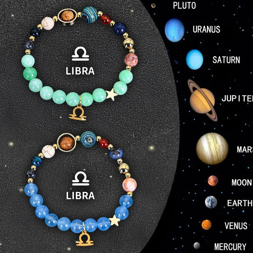 Natural stone beaded zodiac bracelets on elastic cord showing astrological symbols for twelve star signs