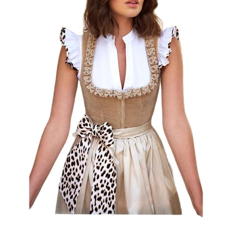 Khaki German Oktoberfest beer style women's dress with elegant design on mannequin
