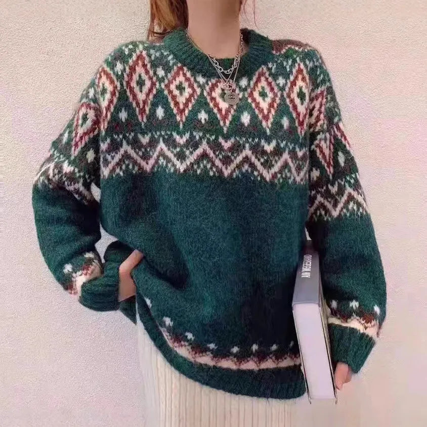 Loose retro stripe pullover knitted top in red or white colour