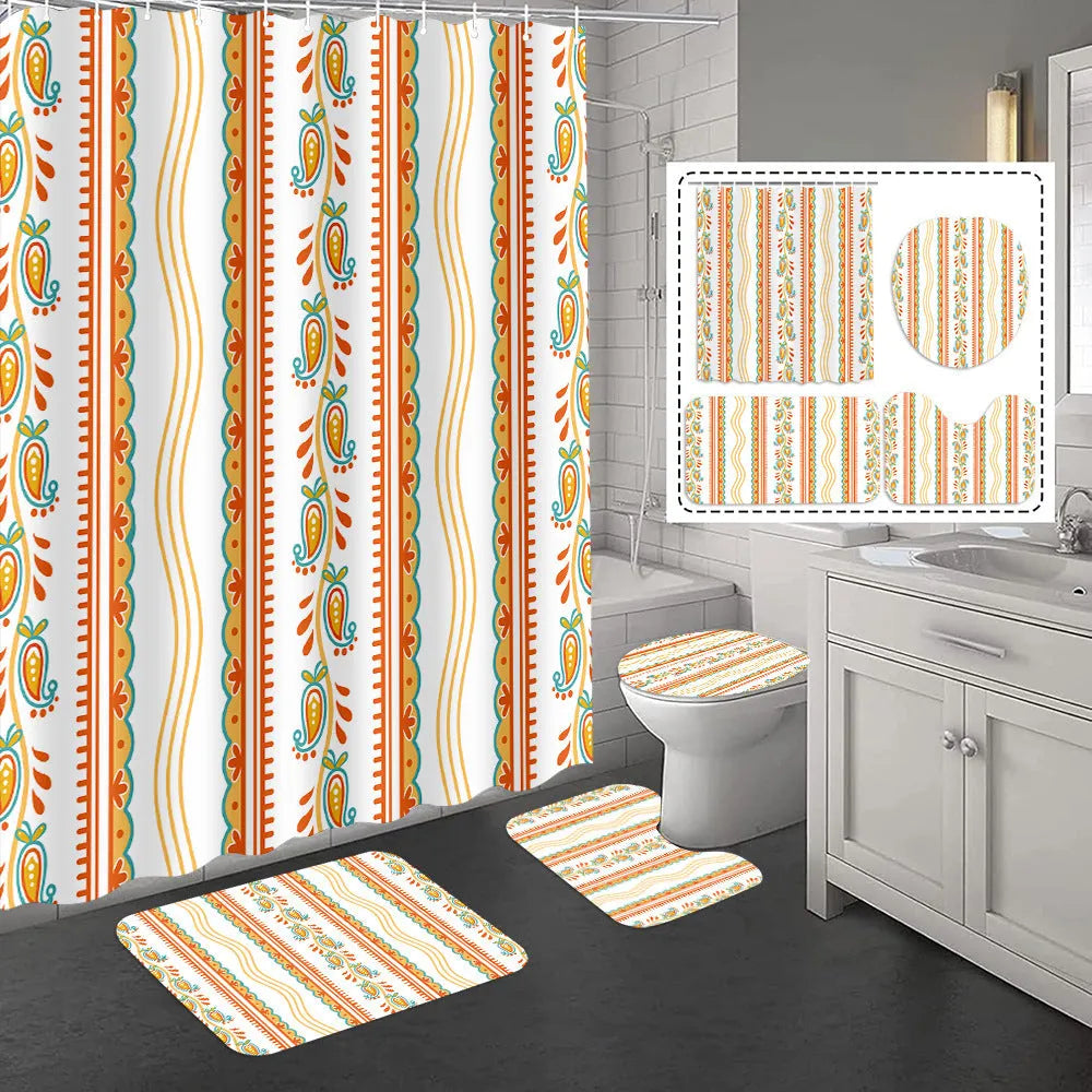 Bomi printed polyester shower curtain and anti-slip floor mat set in modern simplicity style, multiple size options