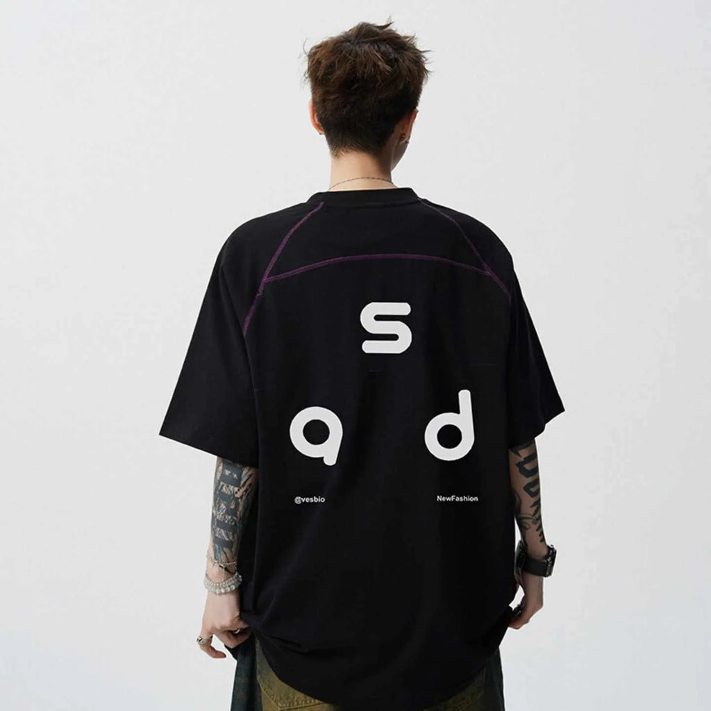Men's loose fit cotton T-shirt with letter print design in black colour showing short sleeves and round neck