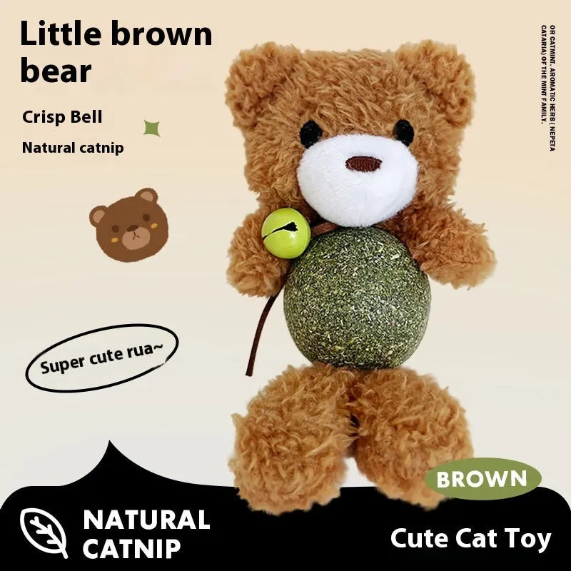 Plush catnip ball toy in brown bear design with a bell, showing soft texture and size.