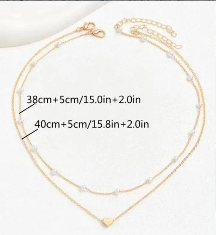 Gold alloy heart shape twin pearl pendant necklace on pearl chain for women, ins style, adjustable 31-40cm