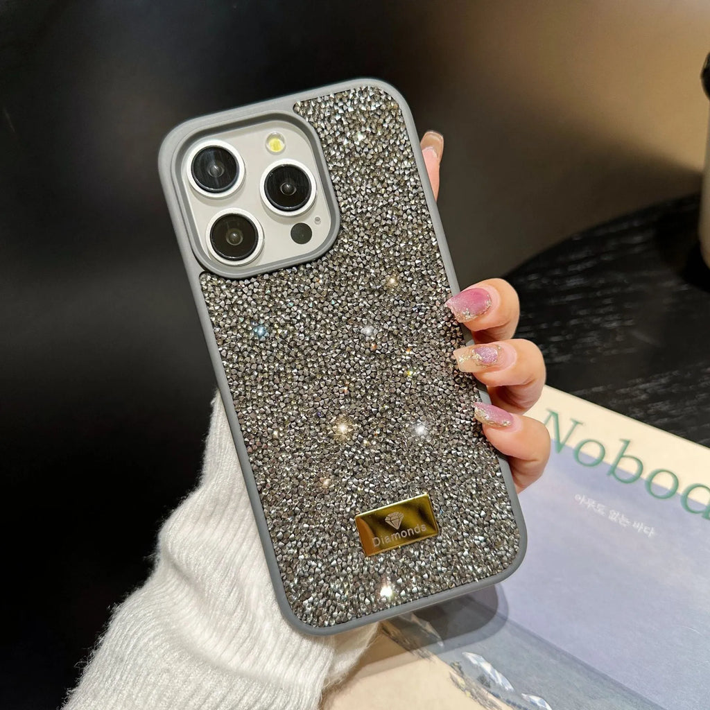 Luxury rhinestone graphene mobile phone shell in black with full diamond covering compatible with iPhone models