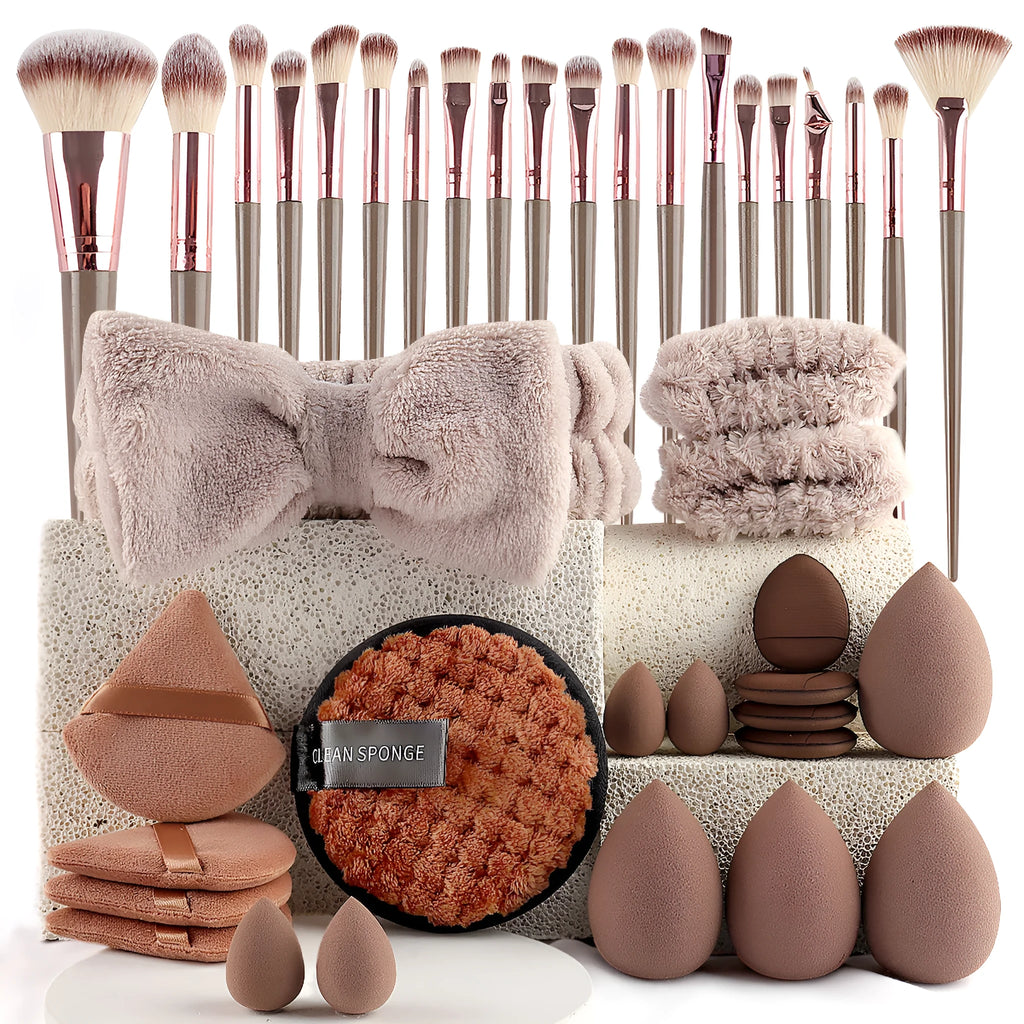 Beauty tool set with hydrophilic non-latex sponges in brown, pink and purple colour options