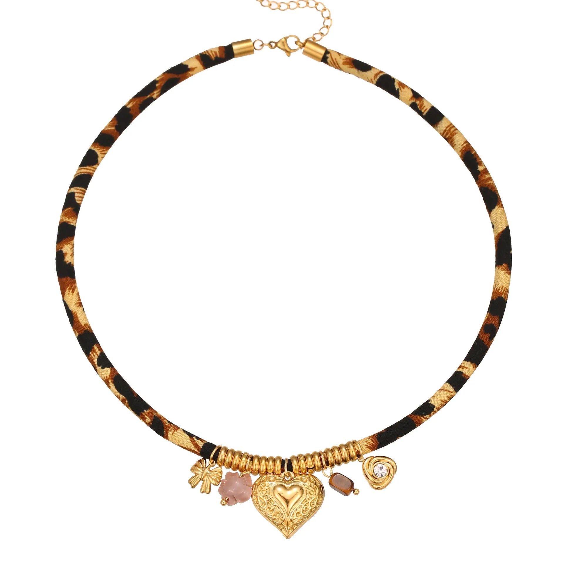 Leopard print stainless steel necklace with geometric pendant on adjustable 41-50cm chain