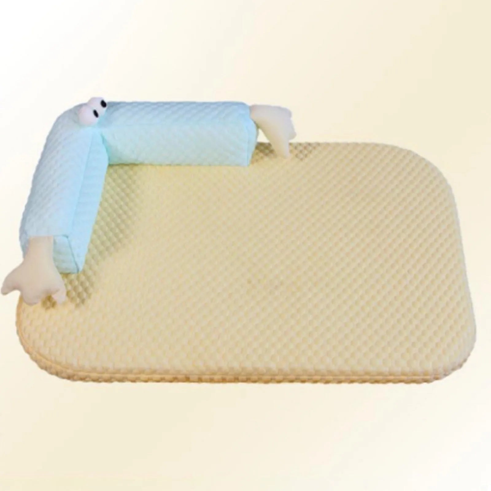 Blue pet cooling bed with large-eye monster design on non-slip polyester mat for dogs and cats