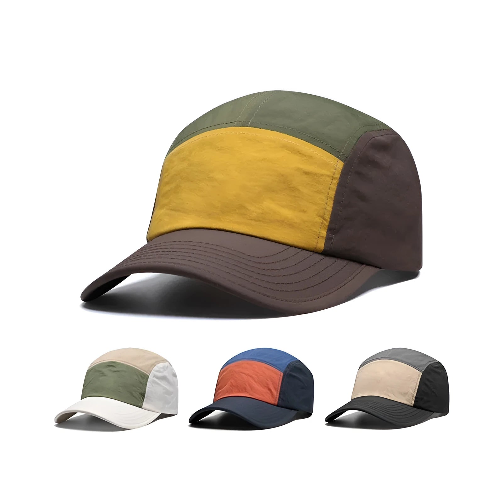 Men's cotton-polyester baseball cap with curved brim and five-piece colour matching design in multiple colour options