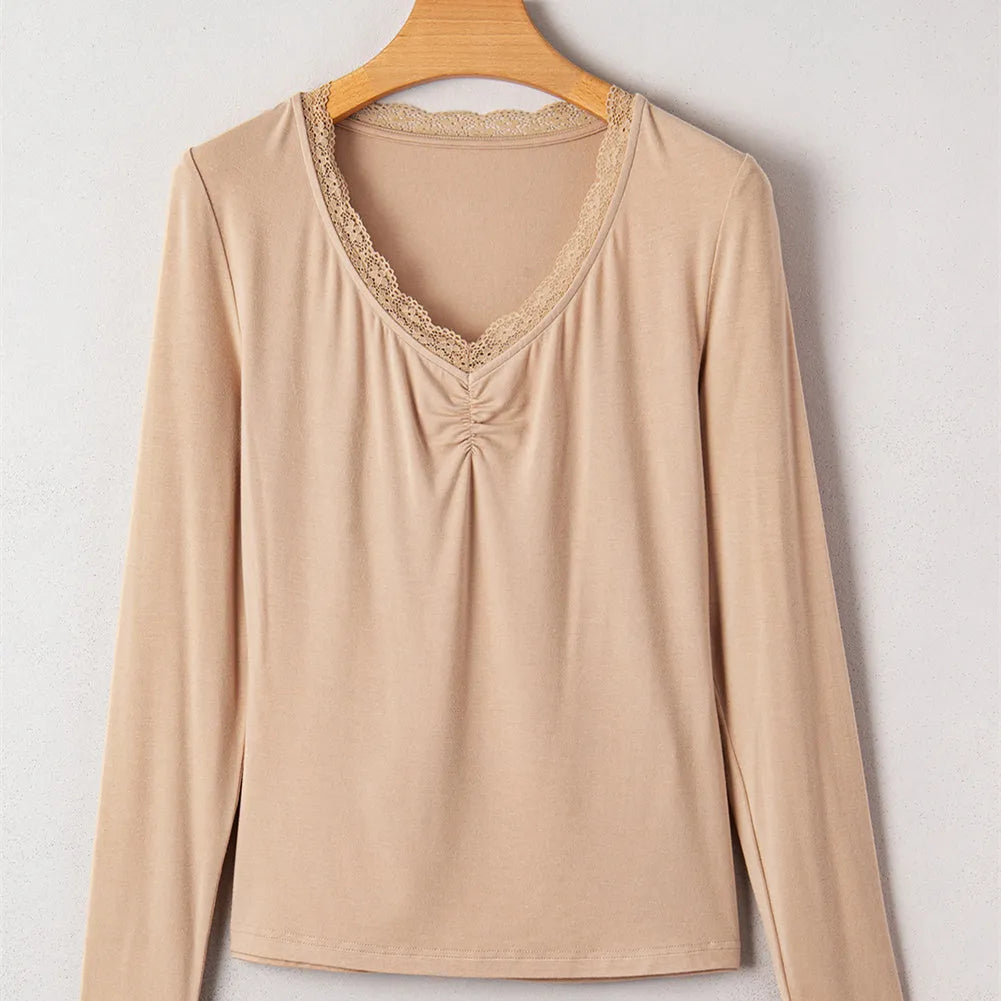 Women's solid colour long sleeve top with lace trim in Japanese Korean casual style