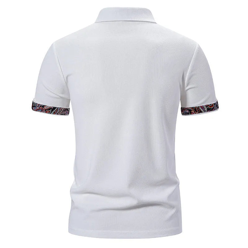Men's cotton blend polo shirt in navy blue with short sleeves and turnover neck.