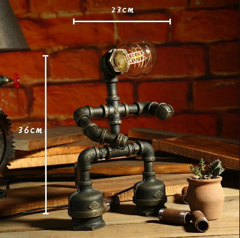 Robot Table Lamp vintage industrial desk light with iron pipe design green bronze finish
