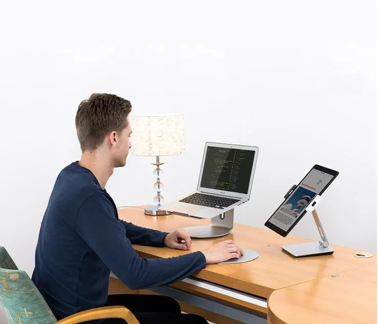 Folding aluminium desktop phone tablet holder with 360-degree rotation in silver colour