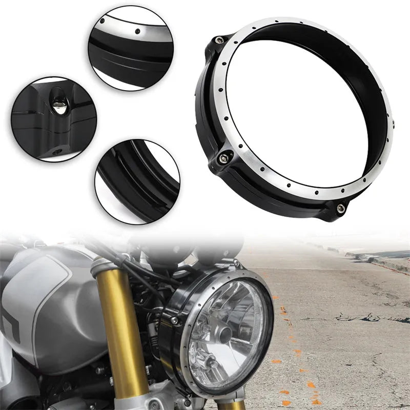 Black CNC aluminium headlight cover protective frame for BMW R NineT Scrambler motorcycle.