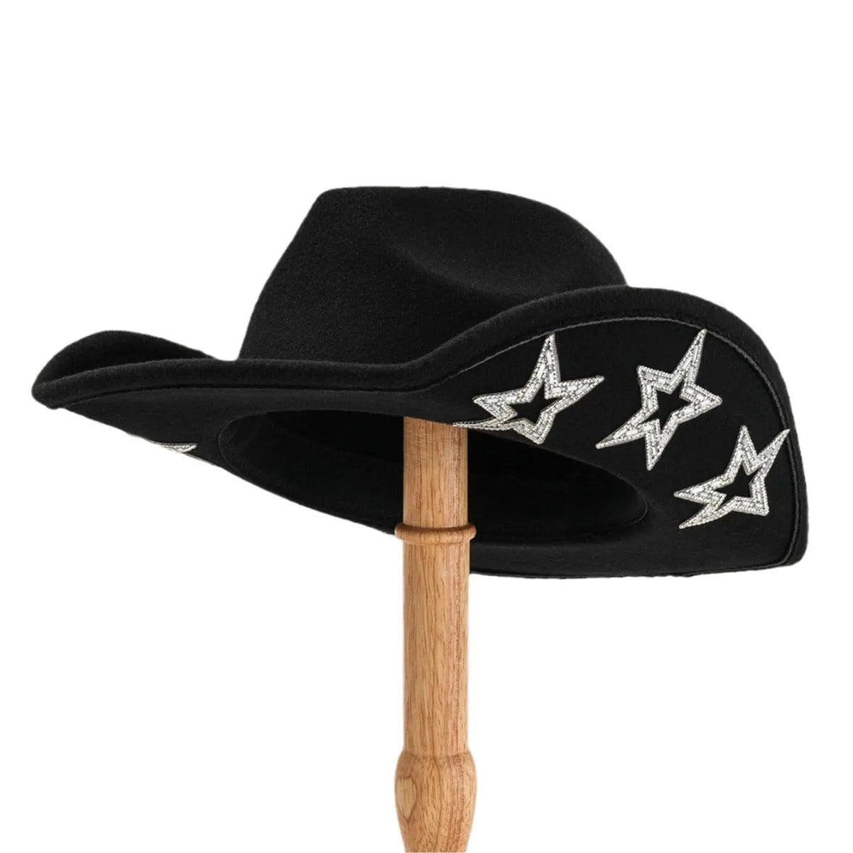 Western denim top hat with hexagonal star pattern on woven polyester fabric