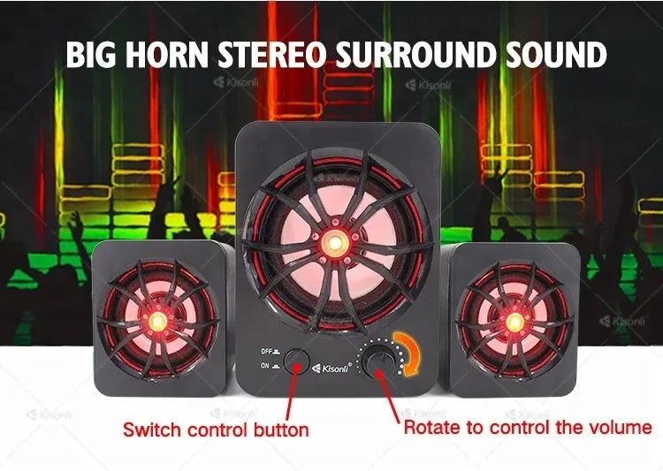 U-2600 2.1 USB computer speaker with glowing colourful lights showing green colour option
