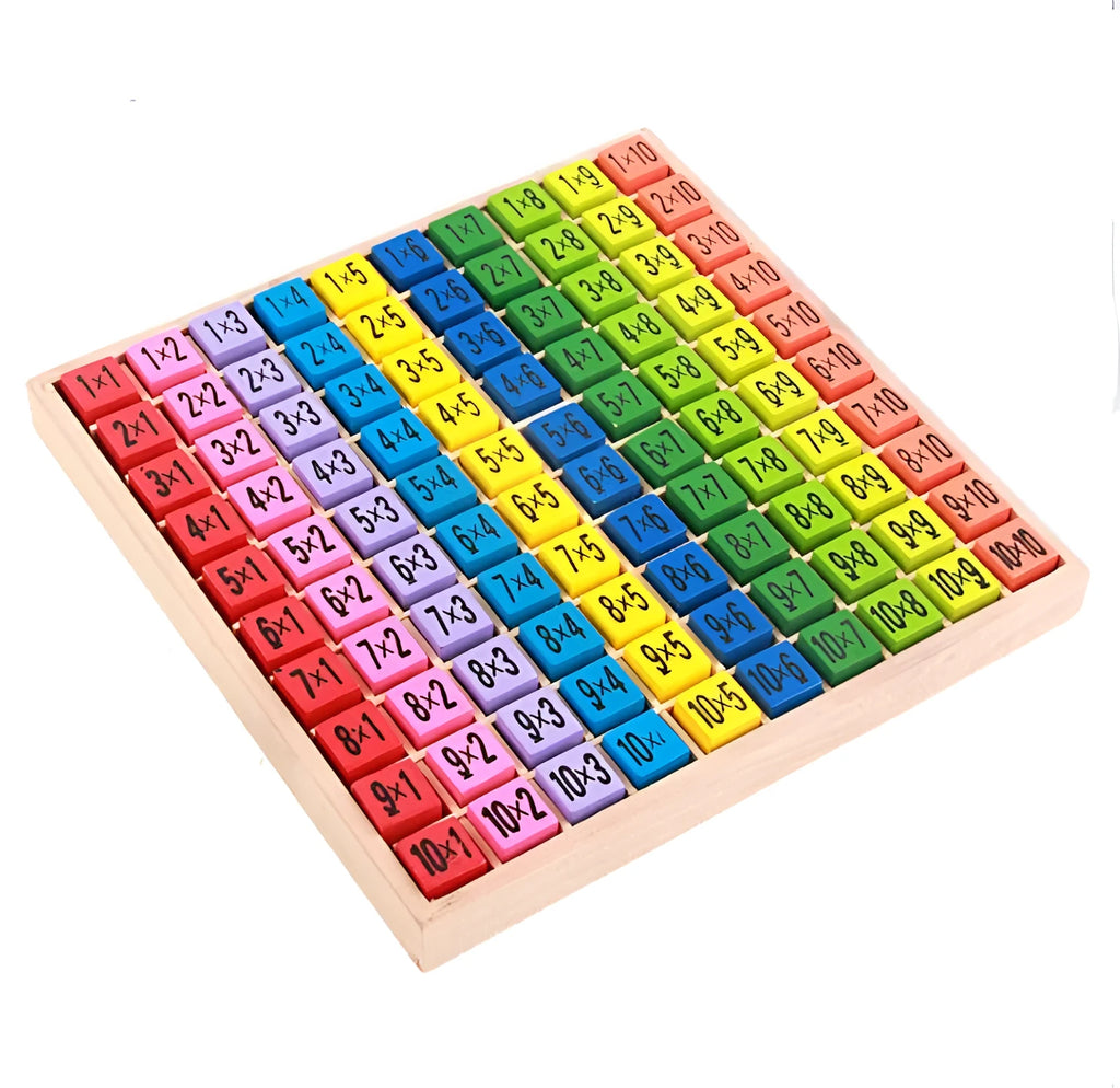 Wooden multi-coloured multiplication table with numbered cubes and base board