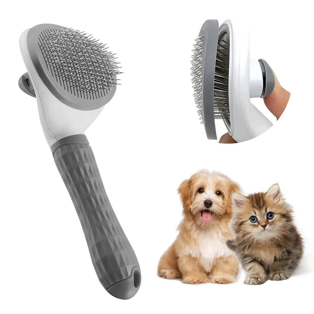Blue cat grooming brush with release button for removing loose fur and tangles