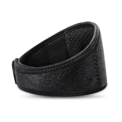 Black self-heating magnetic neck guard with an adjustable shoulder strap for neck support.