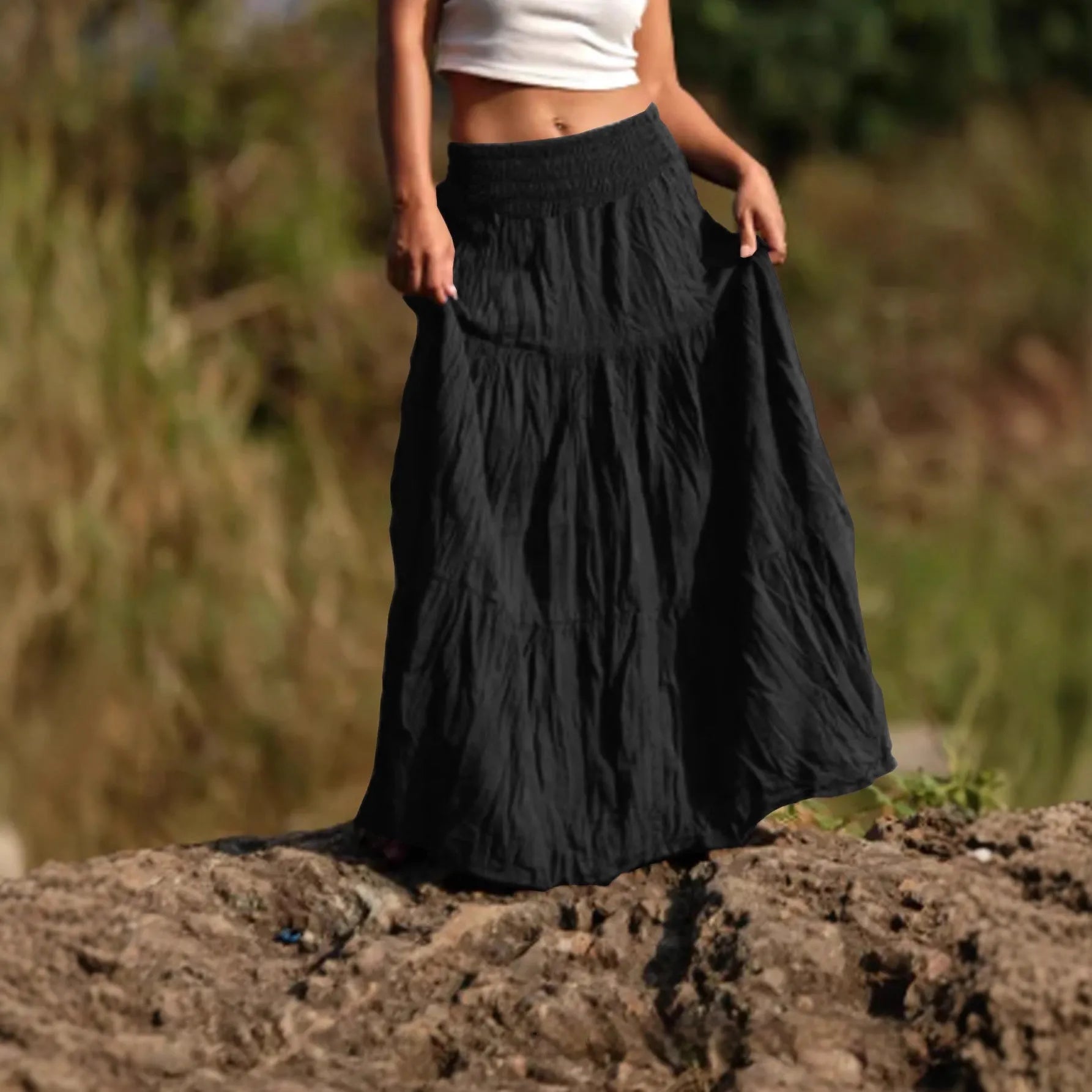 Women's waist smocking mid-length retro skirt in viscose fibre with folding detail, available in multiple colours and sizes