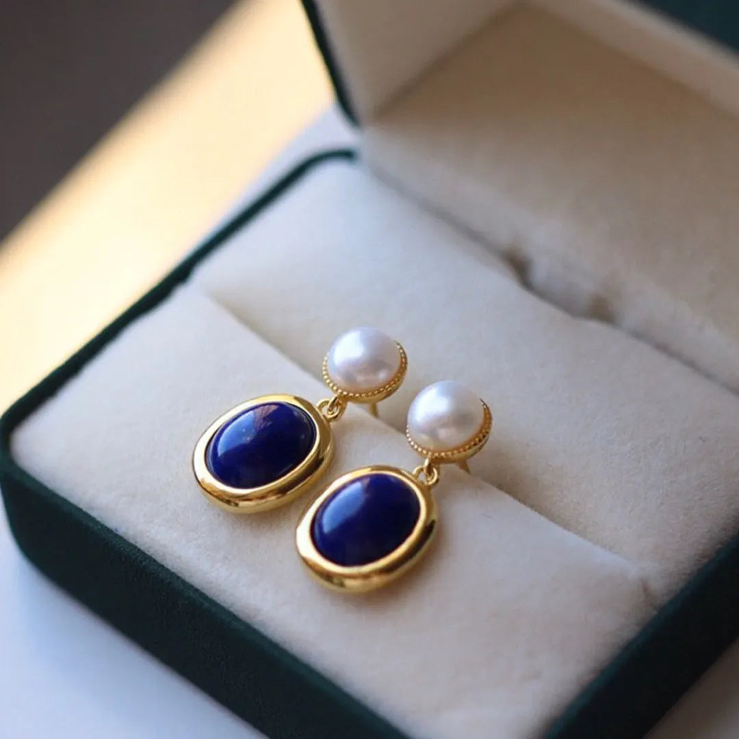 Lapis lazuli pearl earrings in sterling silver with simple style and auspicious patterns.