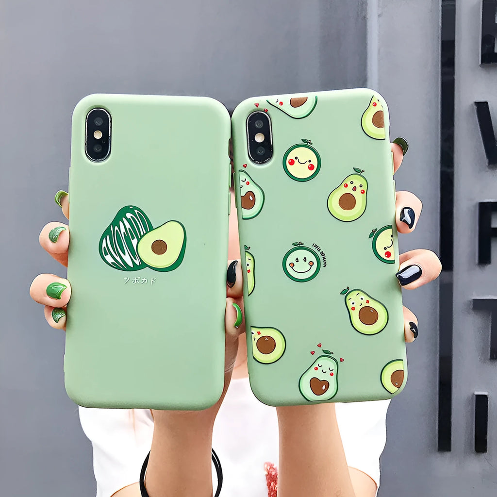 Green avocado cartoon design on a flexible TPU smartphone back cover case.