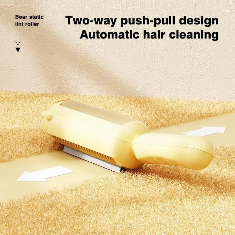 Reusable pet hair remover roller with self-cleaning base in blue, pink, or yellow colours.
