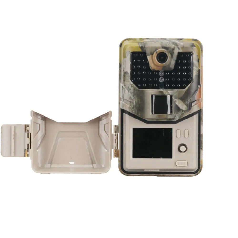 Compact camouflage outdoor hunting camera with infrared LEDs for night vision and Bluetooth connectivity.