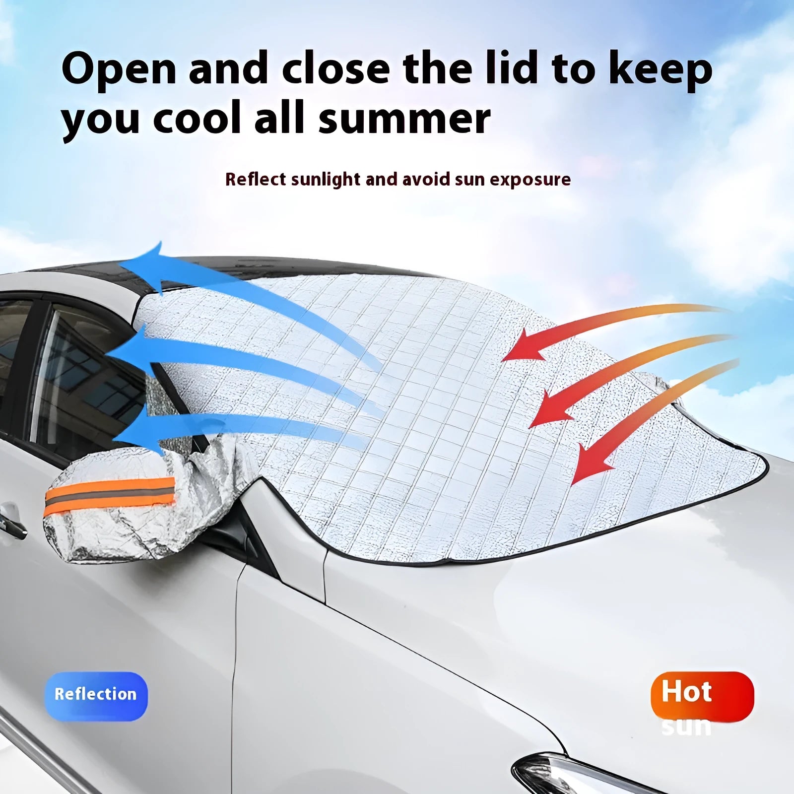 Large luxury SUV front windshield winter cover made of aluminium foil with reflective stripes and five magnets.