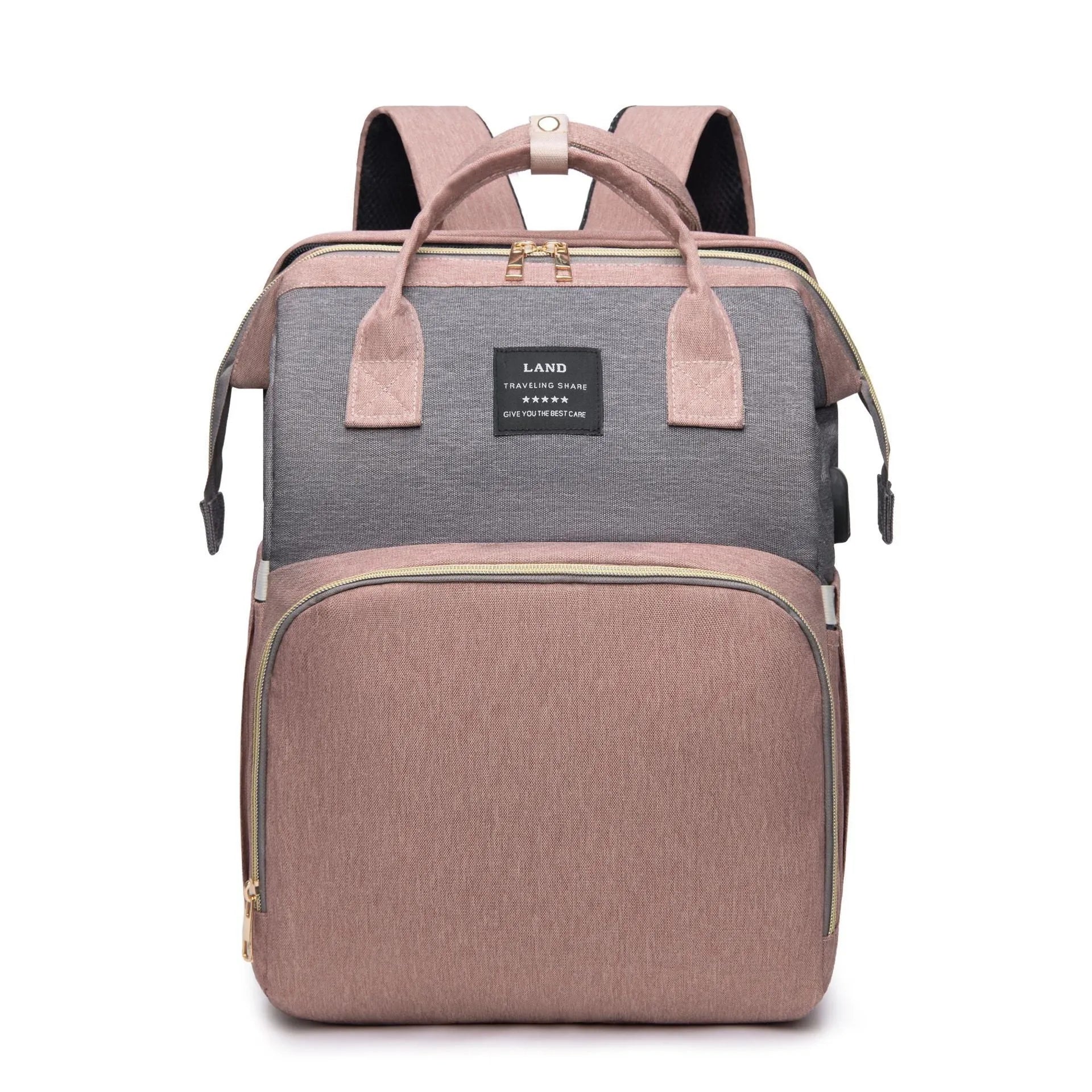 Large capacity insulated baby crib backpack in pink grey with double shoulder straps and outer pocket on white background