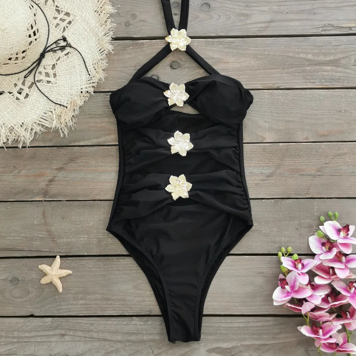 Adult female one-piece swimsuit with hollow-out tube top and matching short skirt in solid colour