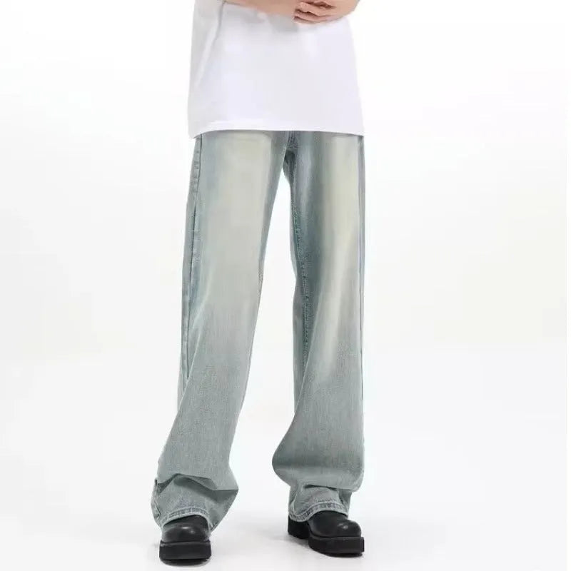 Blue loose retro trousers made from rabbit fur fabric with elastic waistband