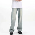 Blue loose retro trousers made from rabbit fur fabric with elastic waistband
