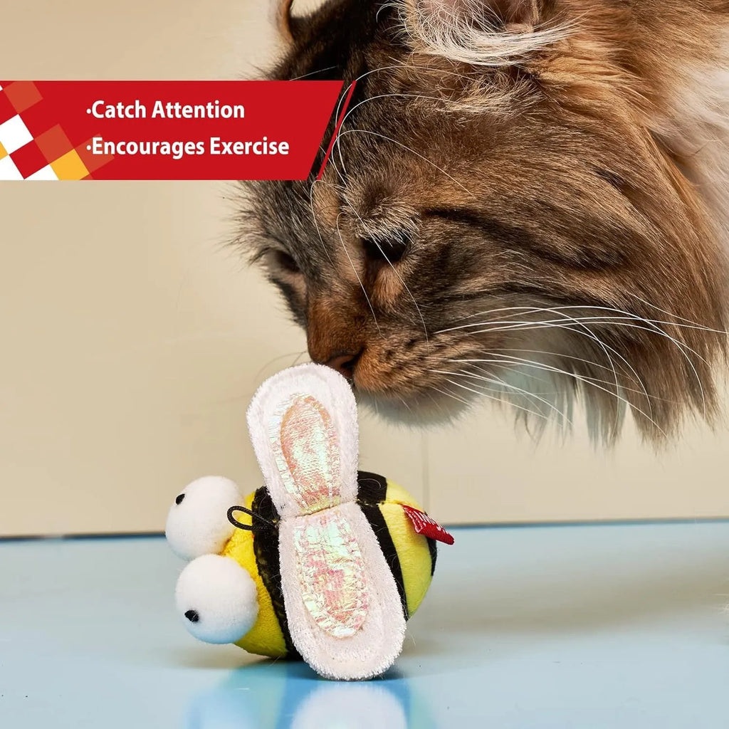 Yellow bee-shaped electronic cat toy with motion-activated squeaking sound