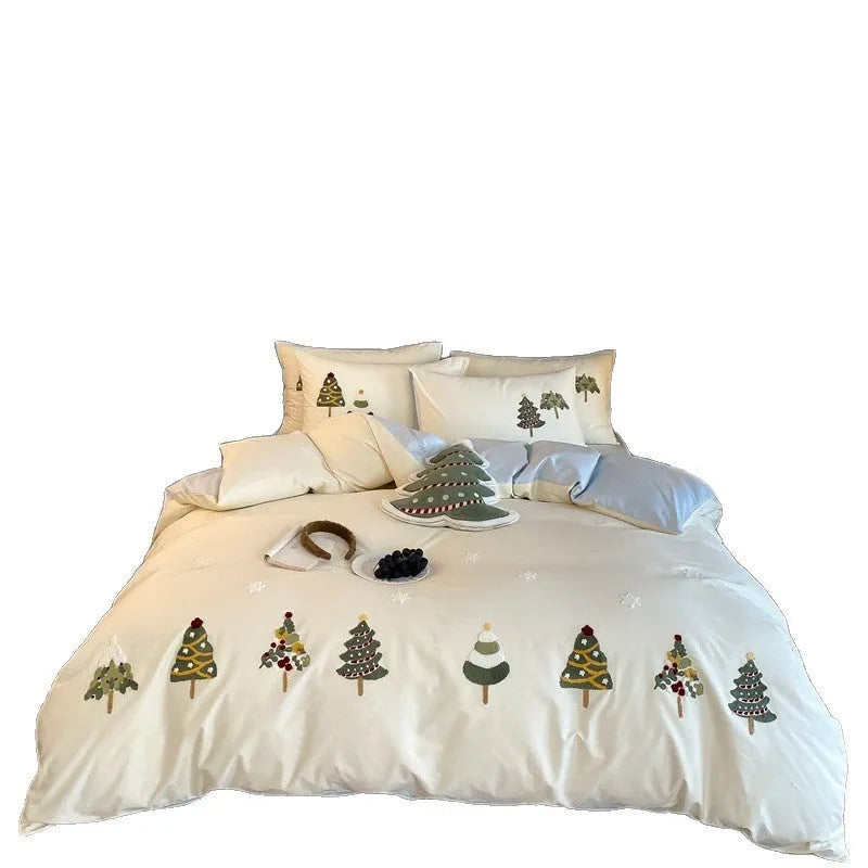 Christmas tree towel embroidery on pure cotton four-piece bedding set in cream blue or green colours
