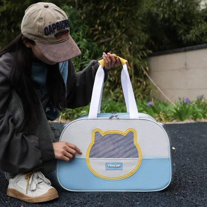 Foldable outdoor cat backpack in blue colour with breathable Oxford cloth construction and 15 kg capacity