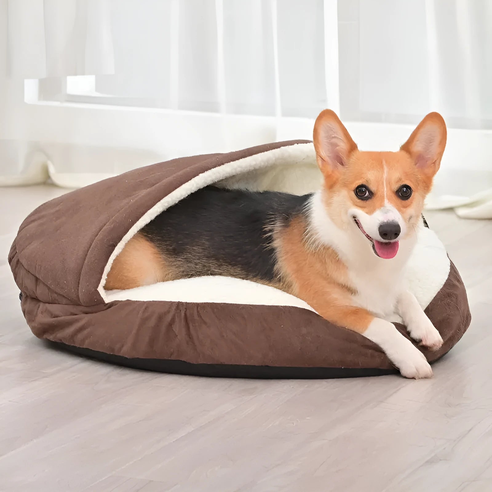 Brown and grey removable washable cloth dog kennel showing S and M size options
