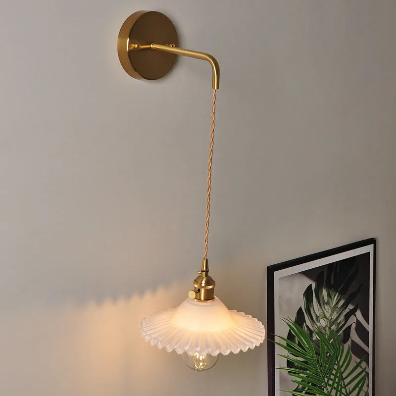 Retro brass and glass lotus wall lamp in white, 22cm diameter