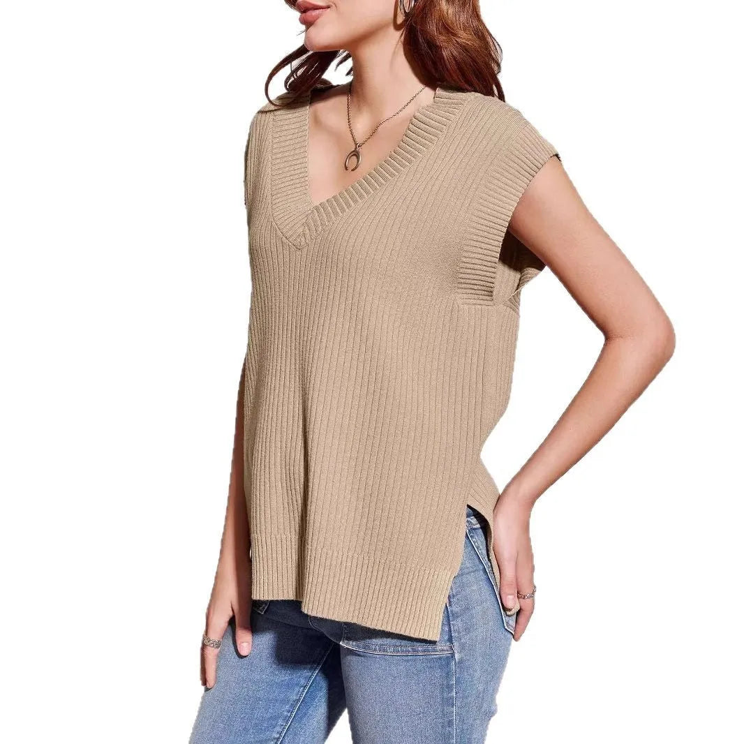 Camel and white v-neck sleeveless loose vest with striped or plaid pattern