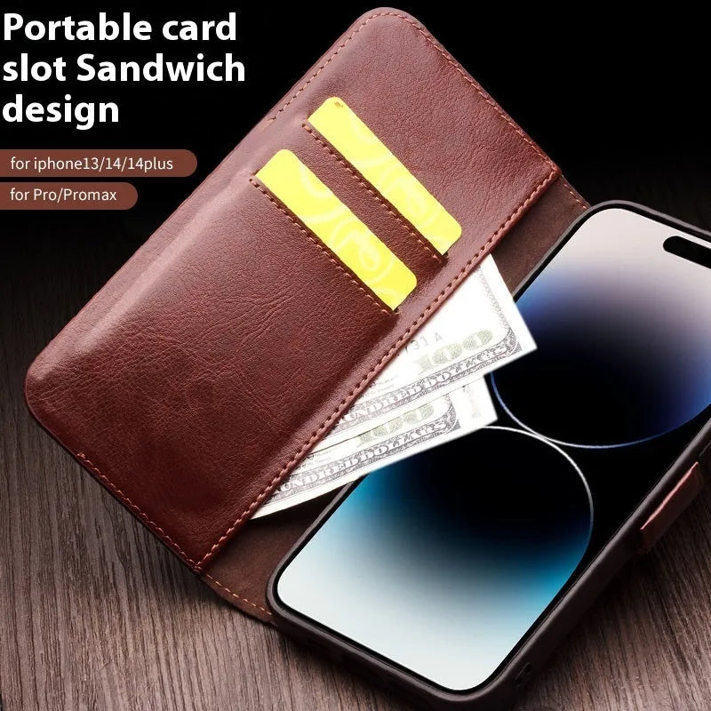Genuine leather magnetic flip cover for iPhone 14 Pro in black with closed magnetic flap